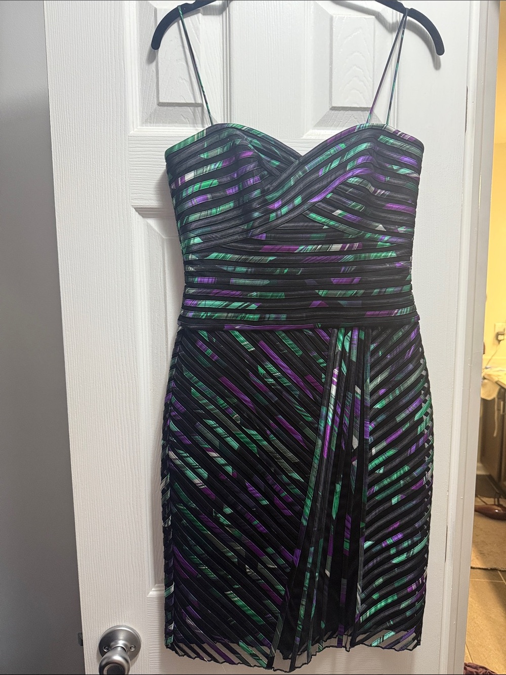 Cache Black Strapless Dress with Green and Purple Stripes